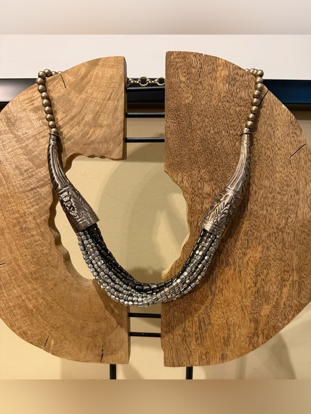 Boho Multi Strand Gunmetal Silver Beaded Statement Necklace Ornate Horn Cones